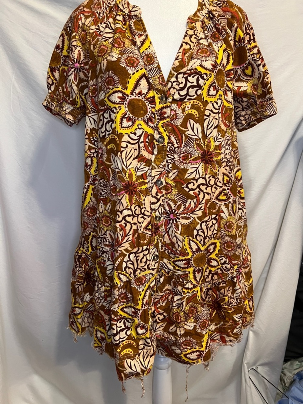 Pilcro Anthropology Brown, Yellow & Cream Floral V-Neck Mini Dress
